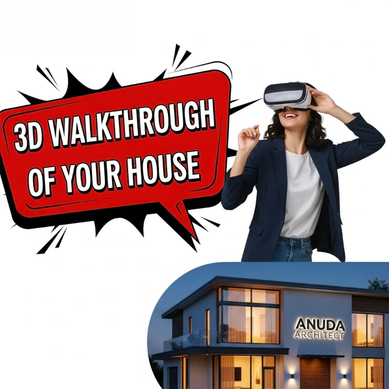 Woman experiencing a 3D walkthrough of a modern house using a VR headset, with the Anuda Architect logo.