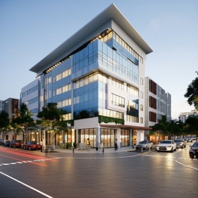 A modern, multi-story commercial building in Jaipur at dusk, featuring extensive glass facades reflecting the twilight sky, clean architectural lines, street-level retail spaces, and surrounding urban activity with blurred car lights.