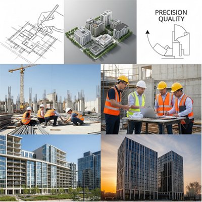 Two male architects from Anuda Architect, one wearing a branded light blue shirt and glasses, are smiling and discussing blueprints on a construction site or vacant land with hills in the background.