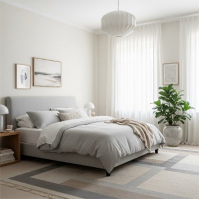 A professional and clear top-down view of a simplified architectural floor plan, showing room layouts, furniture outlines, and directional arrows indicating movement flow, set against a light beige background.