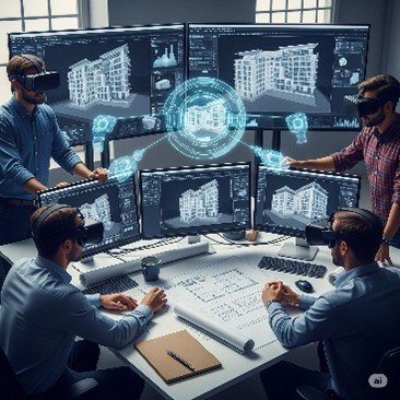 A stunning contemporary residential building designed by Anuda Architect in Jaipur, featuring a bold, angular roofline, dark grey paneling, and warm interior lighting at dusk, surrounded by lush green landscaping.